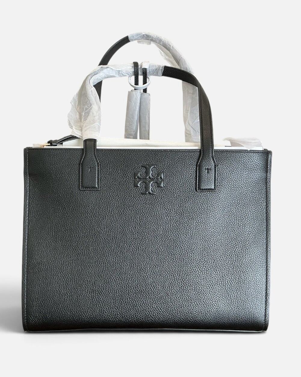 🆕NWT Tory Burch Thea Center Zip Pebbled Leather Tote Bag Black Authentic - Picture 1 of 14